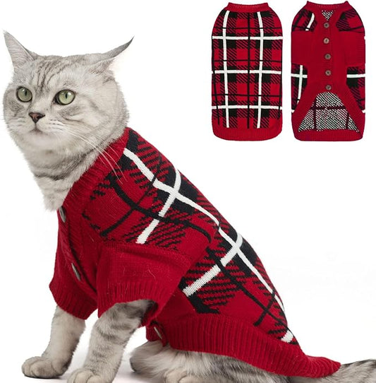 EXPAWLORER Cat Sweater Cardigan - Stylish Knit Cat Clothes, Plaid British Style Soft Puppy Sweater with Sleeve, Warm Pet Clothing Knitwear, Fall Winter Kitten Coat for Girl Boy Cats, Red L