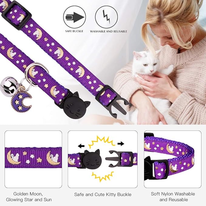 2Pcs Breakaway Cats Collars Cat Collars for Boy & Girl Cats Adjustable Kitten Collars with Bell,Pink+Purple,8"-13.1"