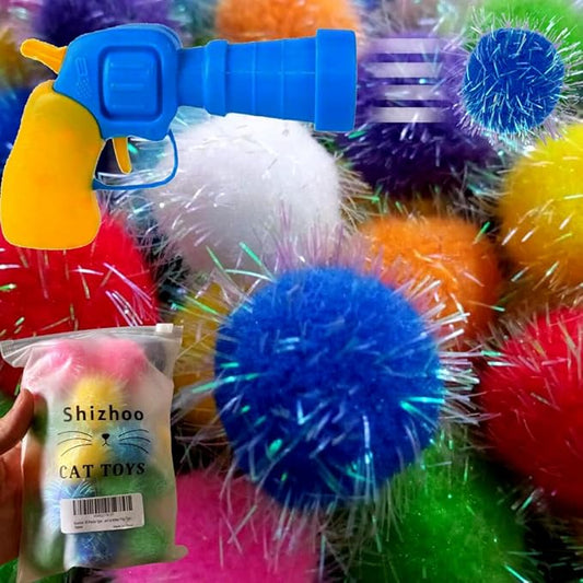 30 Pieces Sparkle Pom Pom Balls with Ball Bloster for Cat - Interactive Glitter Balls, Multicolor, Size of 1.2 inches, Best as Kitten Play Toys