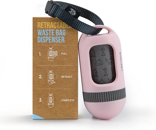 SVD.PET Dog Poop Bag Dispenser, Retractable Waste Bag Fits Any Dog Leash, Built-in Waste Bags, Poop Bag Holder, Doggy Walking Accessory (Primrose Pink)