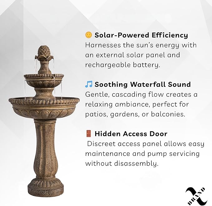 XBrand 39" 2-Tier Outdoor Freestanding Solar Water Fountain – Classic Sand Stone Resin Bird Bath with Pump – Solar Powered Garden Decor for Patio, Yard, Porch, and Lawn