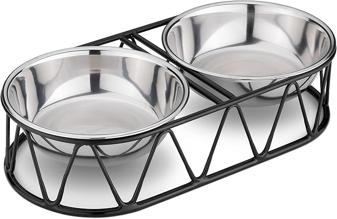 Navaris Stainless Steel Dog Bowls - Cat Food Bowls with Stand - Elevated Double Bowl and Holder for Cats & Small Dogs Raised Metal Wire Stand - Black