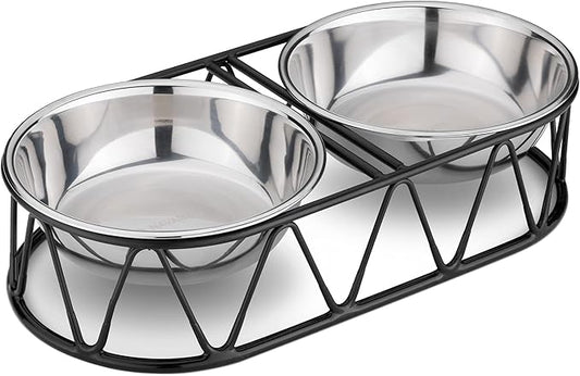 Navaris Stainless Steel Dog Bowls - Cat Food Bowls with Stand - Elevated Double Bowl and Holder for Cats & Small Dogs Raised Metal Wire Stand - Black