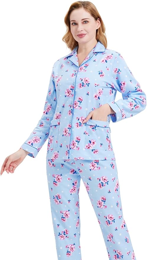 GLOBAL Flannel Pajamas for Women 2-Piece Comfy and Cozy Flannel Pj Set Cotton Loungwear