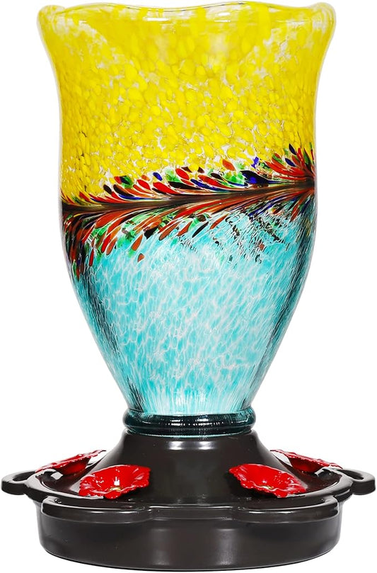LUJII Hummingbird Feeders for Outdoors with Ant Proof, Handmade Blown Glass Hummingbird Feeder for Outside with S Hook, 25 fl.oz, Leak Proof, Multiple Functions Vase or Garden Decor, Blue Mixed Yellow