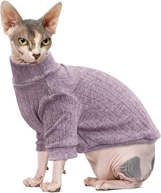 Idepet Sphynx Hairless Cats Sweater Shirt Kitten Soft Puppy Clothes Pullover Cute Cat Pajamas Jumpsuit Cotton Apparel Pet Winter Turtleneck for Cats and Teacup Chihuahua Small Dogs(Purple,XL)