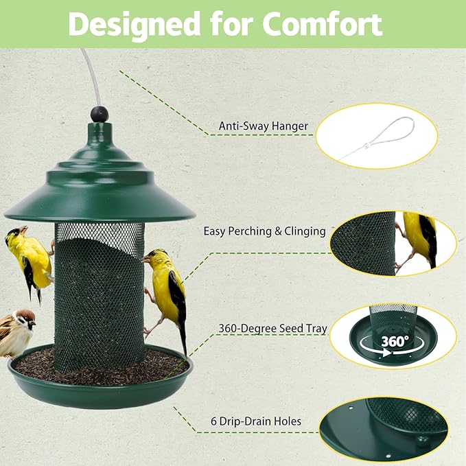 Finch Feeder - All-Metal Squirrel Proof Thistle Nyjer Seed Bird Feeder for Outdoors, 2.5LB Capacity, Powder-Coated Rust Resistant Mesh Design for Goldfinches & Small Birds Green
