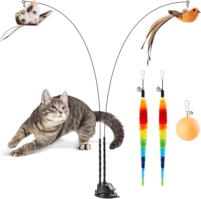 Potaroma Suction Cup Cat Wand Toys, Dual-Wand Interactive Kitten Toy for Indoor Cats with 5 Pcs Feathers Balls Attachments, Charcoal Base