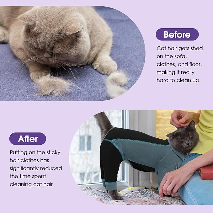 SUNFURA Hair Sticky Cat Clothes, Cat Sweater for Cats Only, 4-Legged Fleece Sweaters Kitten Pajamas Reduce Shedding Fur, Warm Pullover Shirts for Cats, Green L