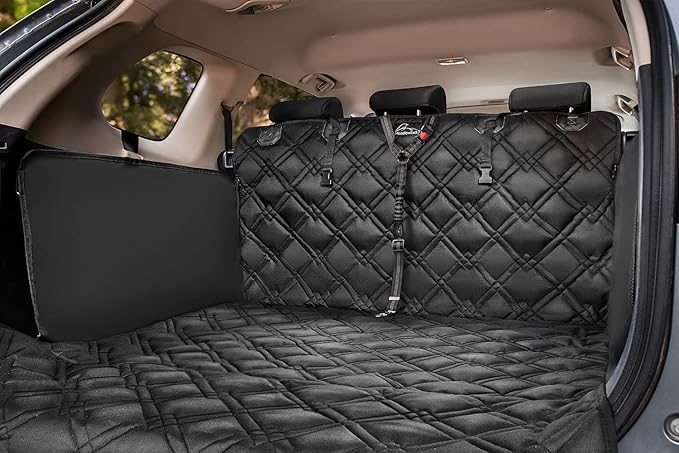 Meadowlark SUV Cargo Liner Dog Seat Covers + Seat Belt, Double Stitched & Extra Padded, Water Repellant, Anti Shock, Non-Slip, Cover Trunk Mat, Dog Accessories, Pet Car Seat Protector for Fur & Mud