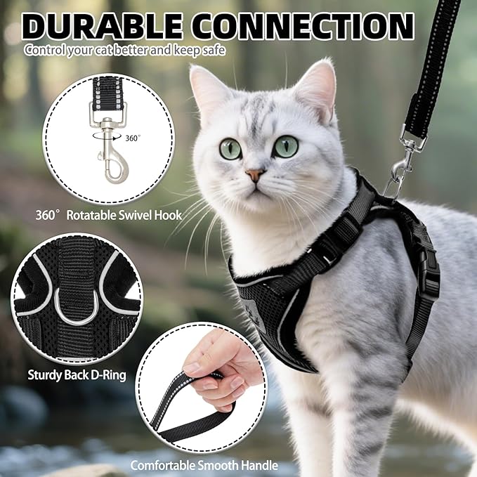 PUPTECK Cat Harness and Leash Set Escape Proof Reflective Cat Walking Harness Adjustable Soft Breathable Mesh Vest for Small Pets, Black, L