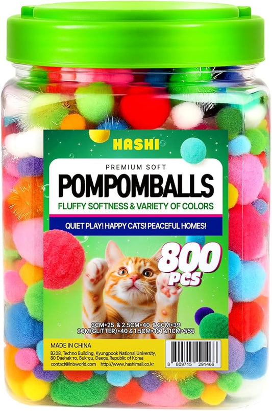 HA SHI Cat Toy Balls – 800-Pack Pom Pom Balls, Soft, Bouncy, Sparkle, Multi-Color & Mixed Sizes, No-Bell Toys for Indoor Cats & Kittens, Great for Quiet Night Play & Small Spaces