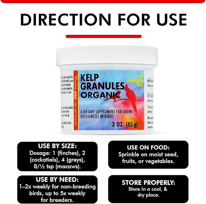 Morning Bird Kelp Granules 3 Oz – Iodine Supplement for Birds – Supports Feather Growth, Molting & Metabolism – Rich in Amino Acids, Trace Minerals & Natural Vitamins – Clean Nutrition for All Birds