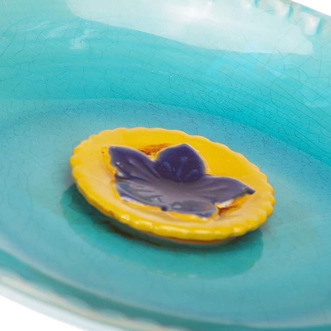 DUSVALLY Bird Bath Ceramic Bowl Antique Decor for Outdoors, Bird Drinker Plate with Vintage Yellow Flower Ornament for Outside, Garden & Yard, 12"