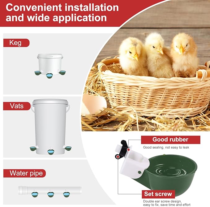 Chicken Waterer Cups (8 Pack/Green) - DIY Automatic Large Chicken Water Feeder for Ducks,Chicks, Turkeys, Quail, Bunny, Bird and Other Various Poultry Dispenser with Matching Drill