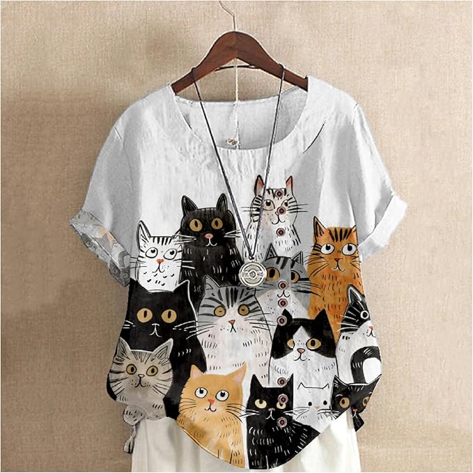 Japanese Print Women Summer Shirts Flower Bird Graphic Plus Size Tunic Tops Crewneck Short Sleeve Blouses