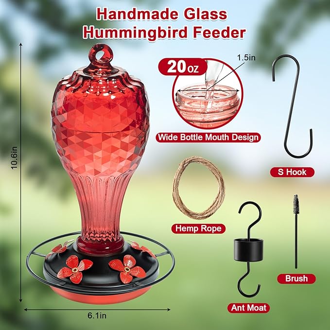 Glass Hummingbird Feeder for Outdoors with Ant Moat - Hand Blown Humming Bird Feeder, 5 Feeding Ports, Leak-Proof, 20 Ounces, Elegance Garden Decoration, Gift for Mom Dad Elderly
