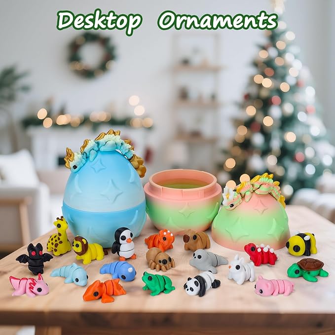 Mini 3D Printed Animals with Dragon Eggs Set, 3D Printed Fidget Toys, Small Articulated Animal Figures Pocket Pets Bulk, Desk Ornament Party Favors (Animal Family)