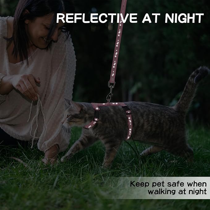 PAWCHIE Cat Harness with Leash and Collar Set - Escape Proof Adjustable H-shped Cat Harness with Star and Moon Pattern Glow in The Dark for Kitty Outdoor Walking, Pink M