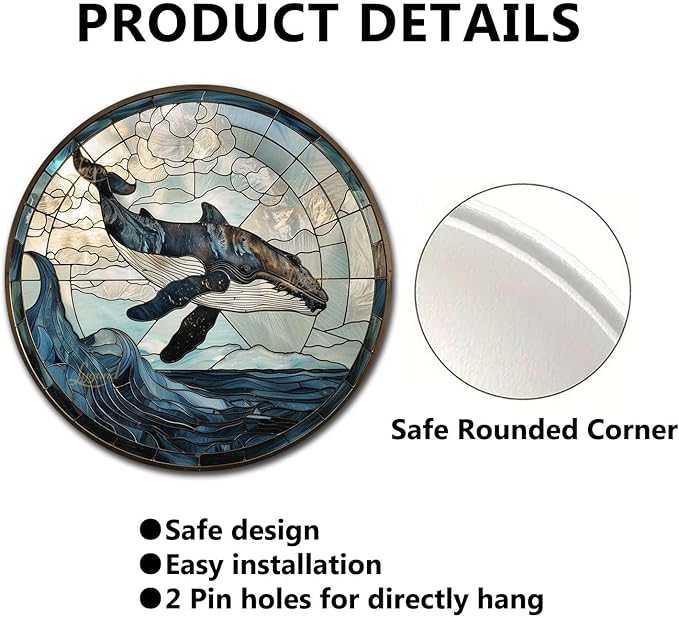 Lygond Metal Sign Tin Sign Circular Stained Glass Whale Bar Sign for Garage 8×8 Inches