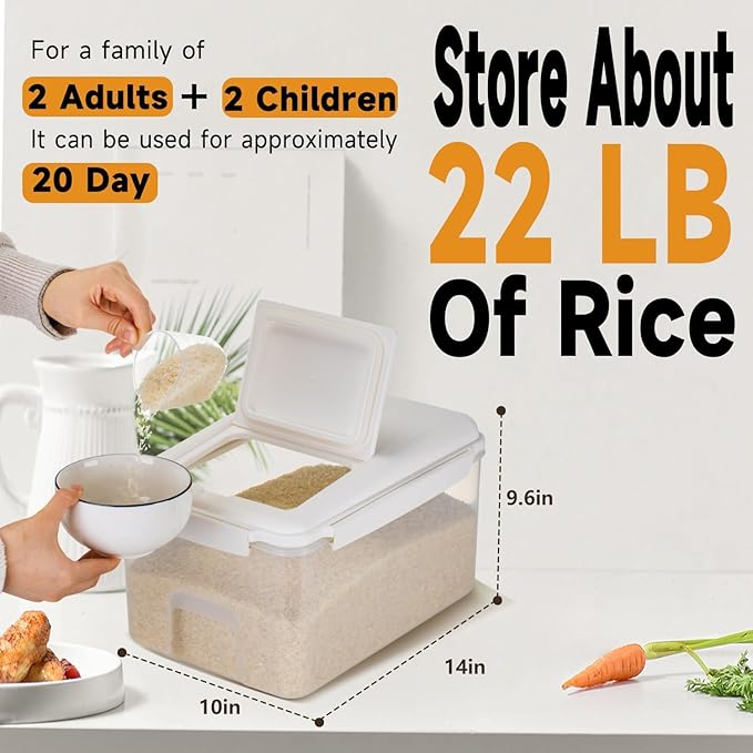 LivLab Mker Rice Storage Container 20 lbs - 15 lbs Airtight Flour Dispenser with Lids & wheel, BPA Free, kitchen organizers for Pet/Cat/Dog Food Storage Container (10 lbs), White