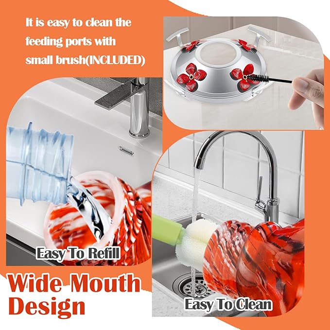 Hand Blown Glass Hummingbird Feeder with Ant Moat 25.4 OZ Large Capacity Hanging Bird Feeder for Backyard Garden Outdoors Decorations Hook Brush Rope Included (Red)