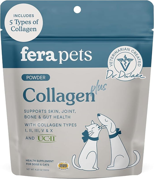 Fera Pets Cat & Dog Collagen Powder - Bone, Gut, Joint and Skin Supplement - 5 Types of Collagen + Clinically Studied UC-II® - 4.23 oz