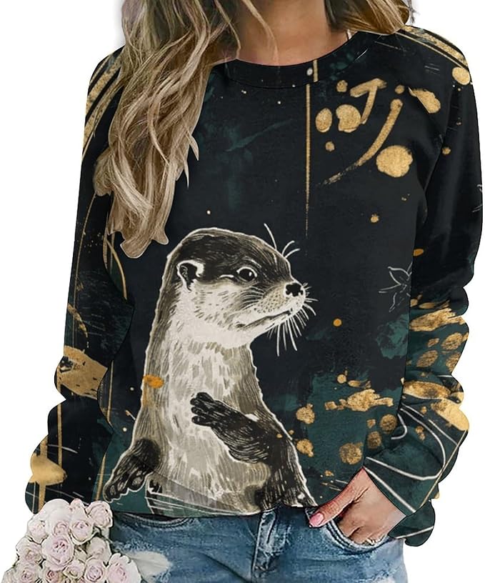 Womens Long Sleeve Tops Y2k Japanese Art Print Sweatshirts Fall Pullover for Women Crewneck Vintage Shirts Boho Tops