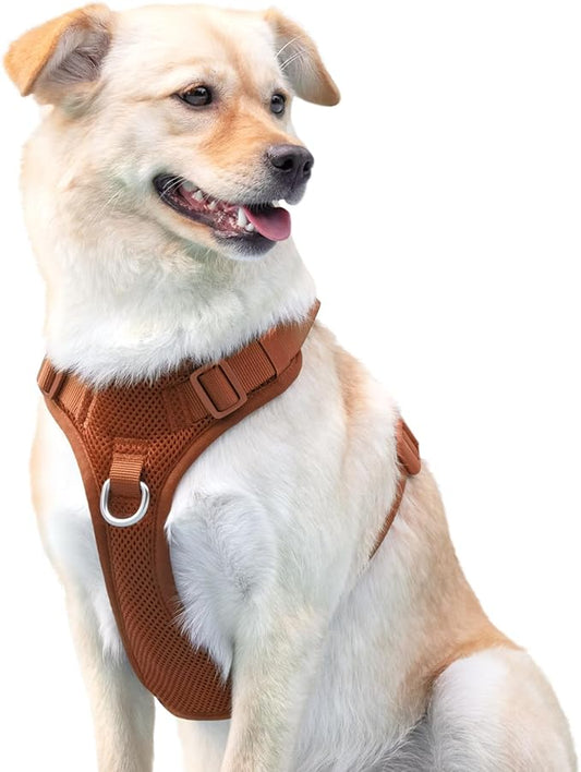 No Pull Dog Harness for Small Medium Large Dogs - Adjustable Two-Layer Mesh Dog Vest with Dual Clip, Escape Proof, Quick Release, Lightweight Breathable Mesh for Walking Hiking (Carmel Brown,L)