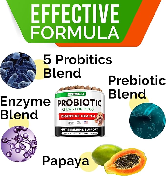 StrellaLab Dog Probiotics Treats for Picky Eaters (180ct) - Digestive Enzymes + Prebiotics - Chewable Fiber Supplement - Allergy, Diarrhea, Gas, Constipation, Upset Stomach Relief - Improve Digestion
