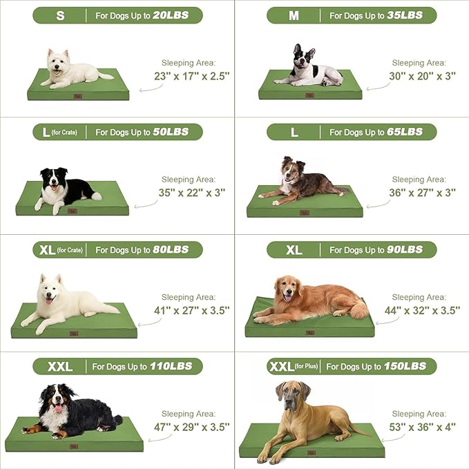 Outdoor Extra Large Dog Crate Bed, Big Waterproof Dog Bed for Large Dogs, Orthopedic Egg Foam Pet Bed Mat with Removable Cooling Cover, Light Green