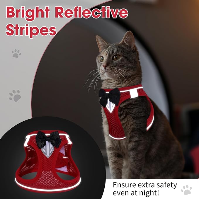 Cat Vest Harness and Leash Set for Walking, Escape Proof, Adjustable Kitten Harness, Breathable Mesh with Reflective Strips, Detective Conan-Inspired Design, Red, XS