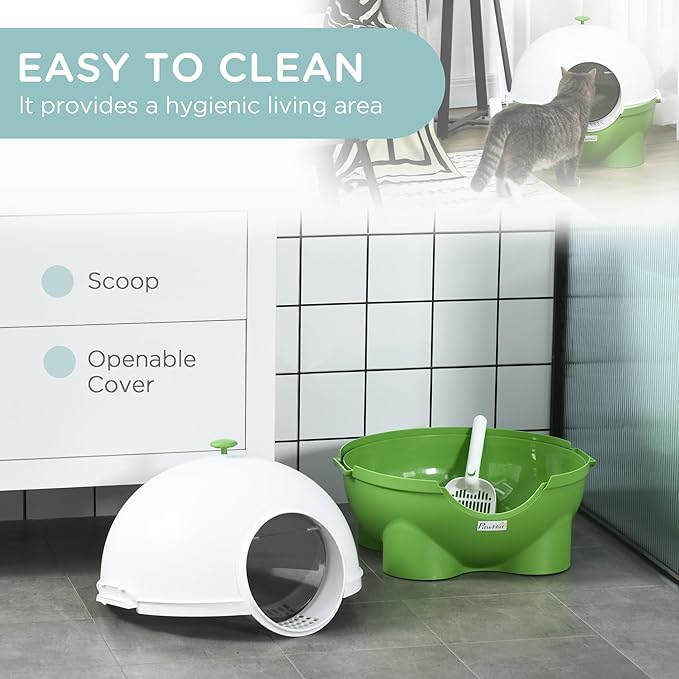 PawHut Hooded Cat Litter Box, Large Kitty Litter Pan with Lid, Scoop, Leaking Sand Pedal, Top Handle, Dark Green