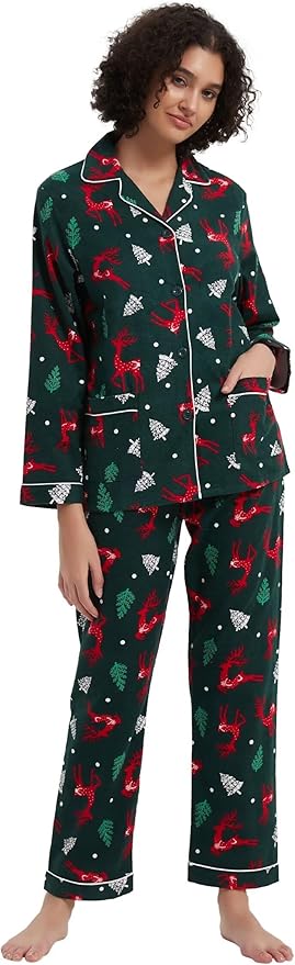 GLOBAL Flannel Pajamas for Women 2-Piece Comfy and Cozy Flannel Pj Set Cotton Loungwear