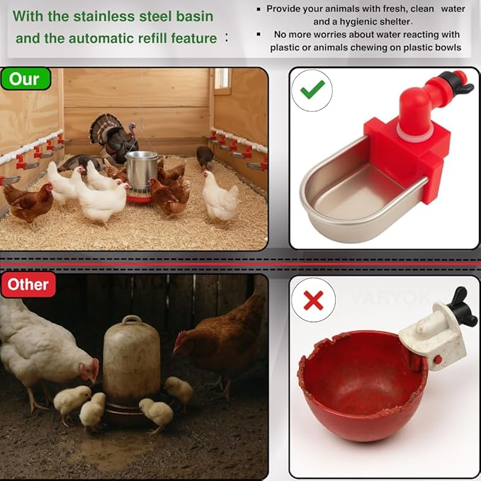 Heavy Duty Large Auto Metal 4 Pack Chicken Water Cups Chicken Waterer Cups for Poultry Rabbit Watering System and Small Animals Leak Proof Stainless Steel Fits 5 Gallon Bucket and PVC Pipes