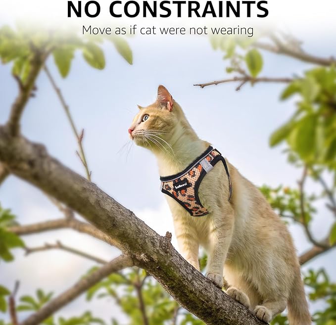 SCENEREAL Cat Harness & Leash Set Escape Proof - Adjustable Air Mesh Vest with Reflective Strips for Kittens, Puppies, Rabbits, Khaki Leopard M
