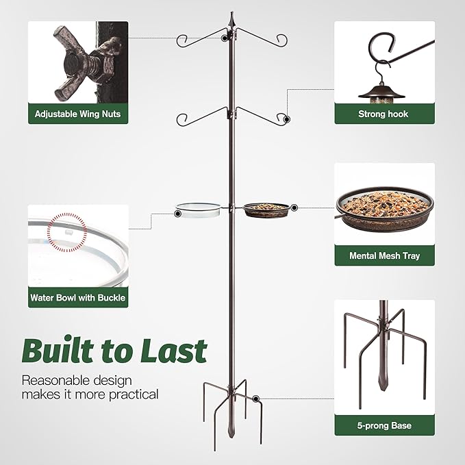 Bird Feeder Pole for Outdoors,81 Inch Metal Feeding Station Kit with 4-Hook,Bird Bath and Mesh Tray,5-Prong Base