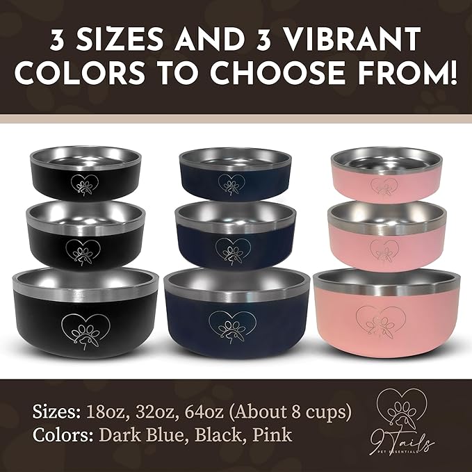 9 Tails Watering Hole- Stainless Steel Dog Bowl, Insulated Dog Bowls, Non Slip, Diswasher Safe, Cats, Dog Food Bowls, Dog Water Bowl, Puppy Dog Bowl for Small Medium Dogs (Black, 18 oz)
