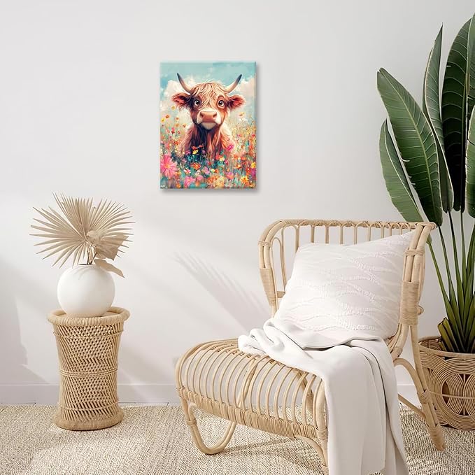 Highland Cow Wall Art Canvas Flower Cattle Wall Decor Prints Framed Painting Animal Pictures Gifts Artwork for Bathroom Living Dining Kitchen 12"x16"