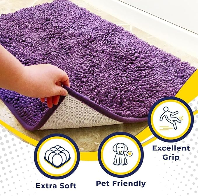Muddy Mat® AS-SEEN-ON-TV Highly Absorbent Microfiber Door Mat and Pet Rug, Non Slip Thick Washable Area and Bath Mat Soft Chenille for Kitchen Bathroom Bedroom Indoor and Outdoor - Purple 24" x 96"
