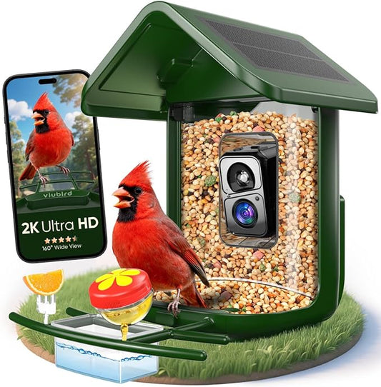 Bird Feeder with Camera Solar Powered - Smart Bird Feeder Camera 2K HD Live Stream, 5MP Photos, AI Identification for Backyard, 2.4Lb Large Capacity, Gifts for Mom Dad