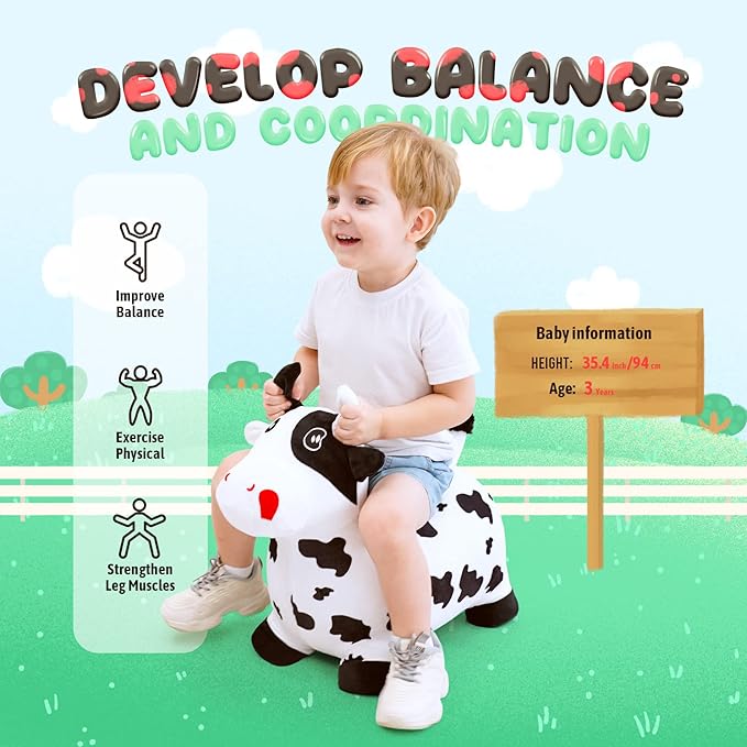 EVERICH TOY Bouncy Horse Cow Toys, Inflatable Bouncing Animal Hopping Toys, Outdoor Indoor Ride on Bouncer, Boys Girls Birthday Gift for 18 Month 2 3 4 5 6 Year Old Kid- Plush Cow Toy