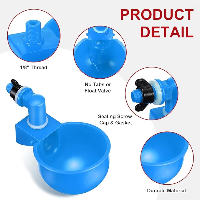 Patelai Chicken Water Cups, Chicken Waterer Cups Summer Water Feeder Cup 3/8 Inch Thread Automatic Filling Waterer Poultry Drinking Bowl for Duck Turkey Bunny(Blue,12 Pieces)