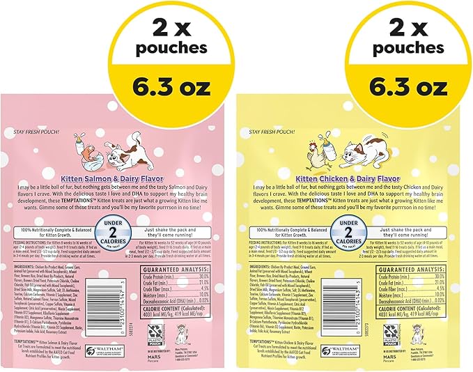 Temptations Kitten Crunchy and Soft Treats Chicken and Dairy and Salmon and Dairy Variety Pack, 6.3 oz. Pouches (Pack of 4)