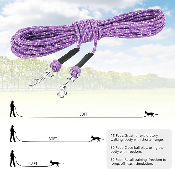 Rypet Reflective Cat Long Leash - 30 FT Escape Proof Walking Leads Yard Long Leash Durable Safe Personalized Extender Leashes Traning Play Outdoor for Kitten, Puppy, Rabbit and Small Animals(Purple-M)