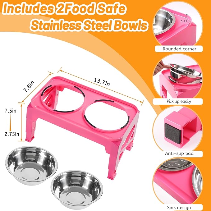 Hubulk Elevated Dog Bowls with 2 Stainless Steel Dog Food & Water Raised Bowls with No Spill Edge Non-Slip Stand Adjusts to 3 Heights(2.75", 6.0", 7.5") for Small Medium Dogs and Pet