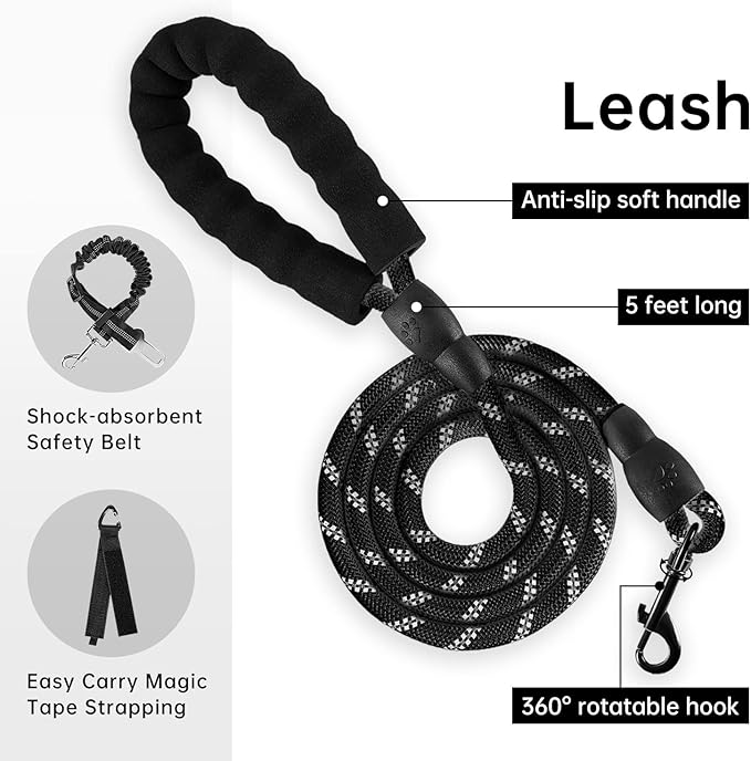 IVY&LANE No Pull Dog Harness for Small Dogs, Dog Vest Harness with Leash, Safety Belt and Storage Strap, Fully Adjustable Harness, 360° Reflective Strip, Soft Handle (Black, S)