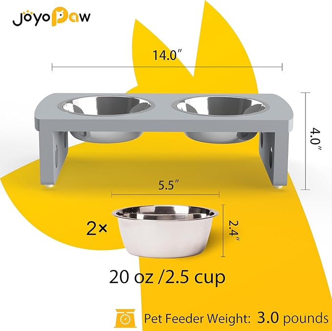 Elevated Dog Bowls, Bamboo Raised Dog Bowl for Small Dogs & Cats, with 2 Stainless Steel Bowls (4'' Tall-20oz Bowl, Grey)