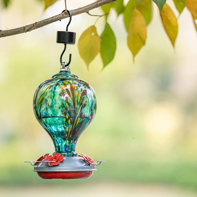 2 Packs Hummingbird Feeder for Outdoors Hanging Ant and Bee Proof, 32OZ Hand Blown Glass Hummingbird Feeders for Outside, Christmas Decoration Gifts for Mom (Teal & Red)