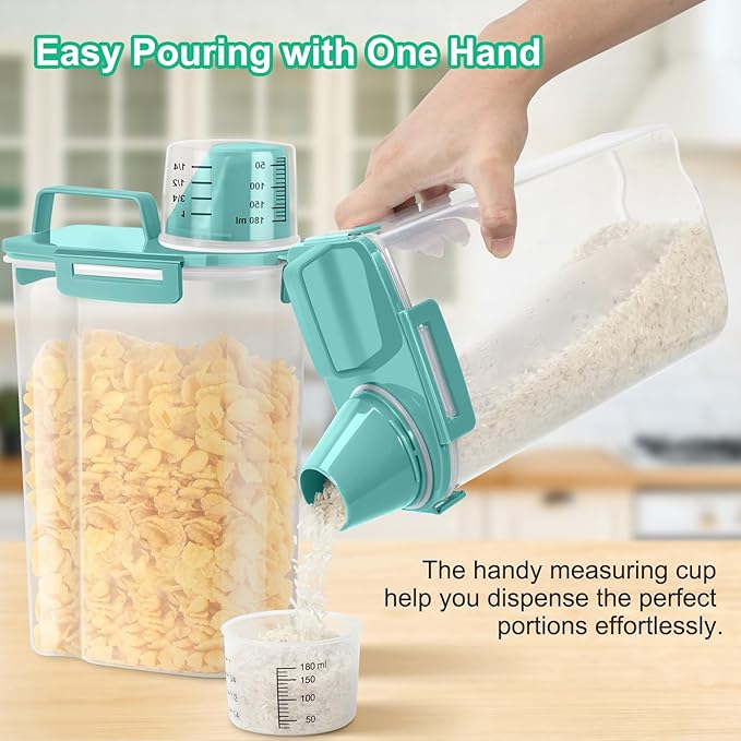 TBMax Rice Storage Container 3 to 5 Lbs - Small Pet Dog Cat Food Container Dispenser with Easy Pouring Spout & Cup, Portable Cereal Container for Small Spaces, Travel, or Daily Use -Cyan